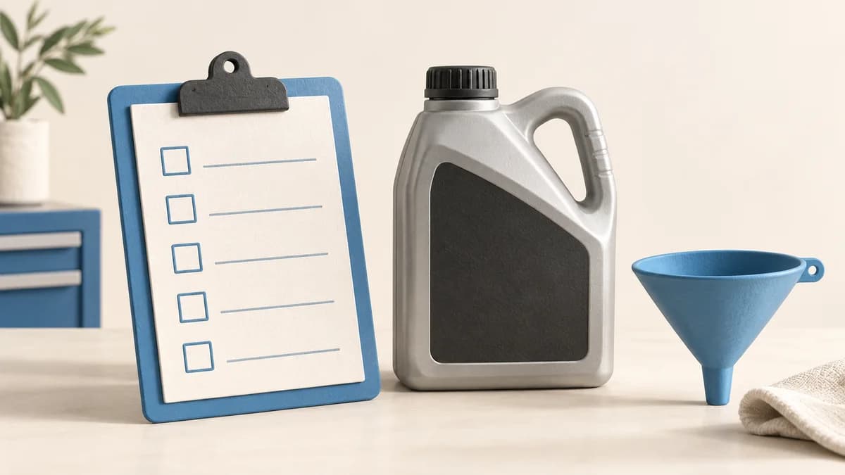 A blank checklist, sealed motor-oil jug and blue funnel.