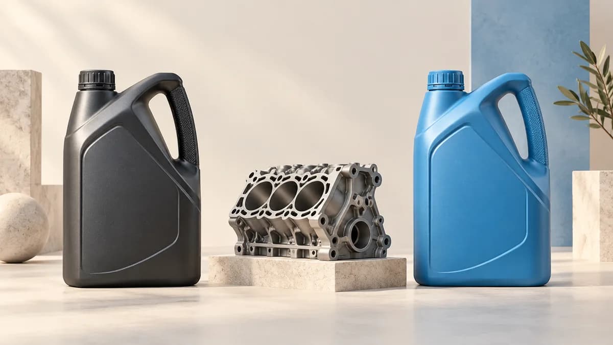 Two plain motor-oil jugs beside a small engine-block model.