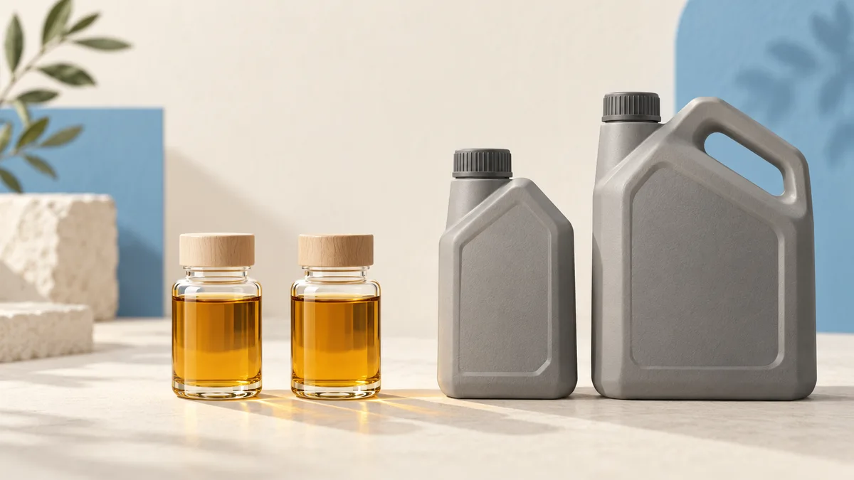Two small bottles of amber oil beside two plain gray motor-oil jugs.
