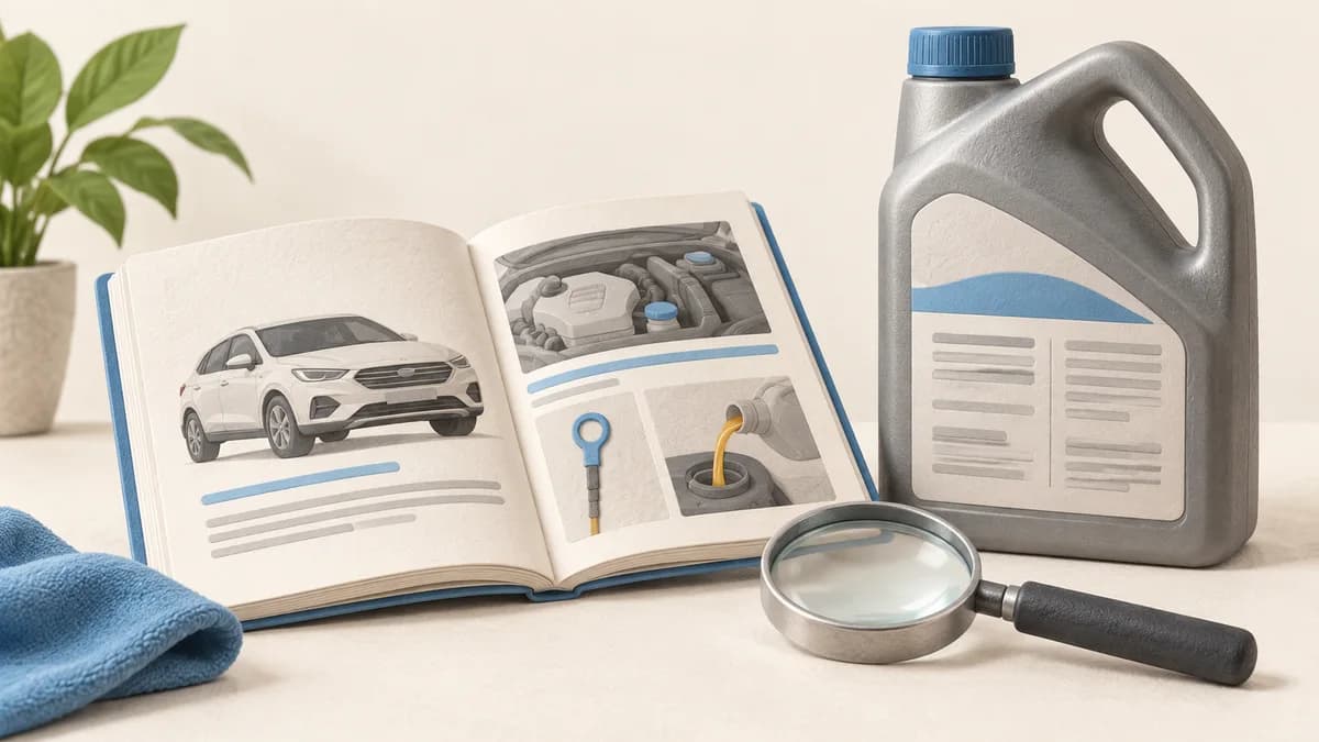 An open vehicle handbook beside an oil jug and magnifying glass.