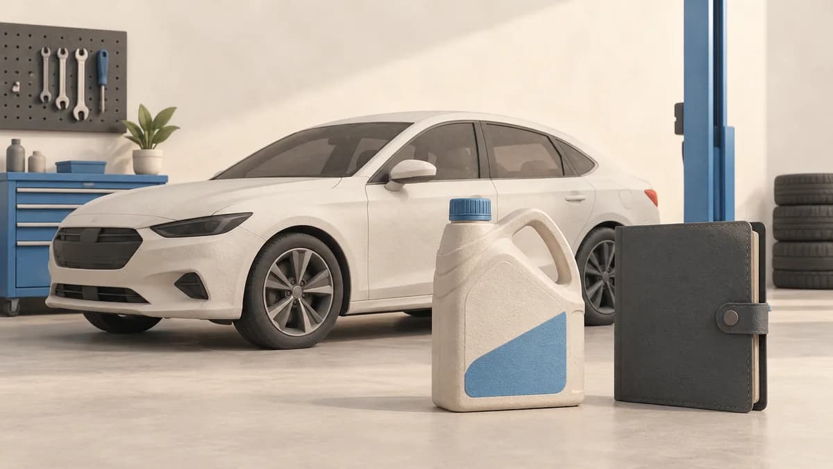 A parked car in a workshop beside an oil jug and service folder.