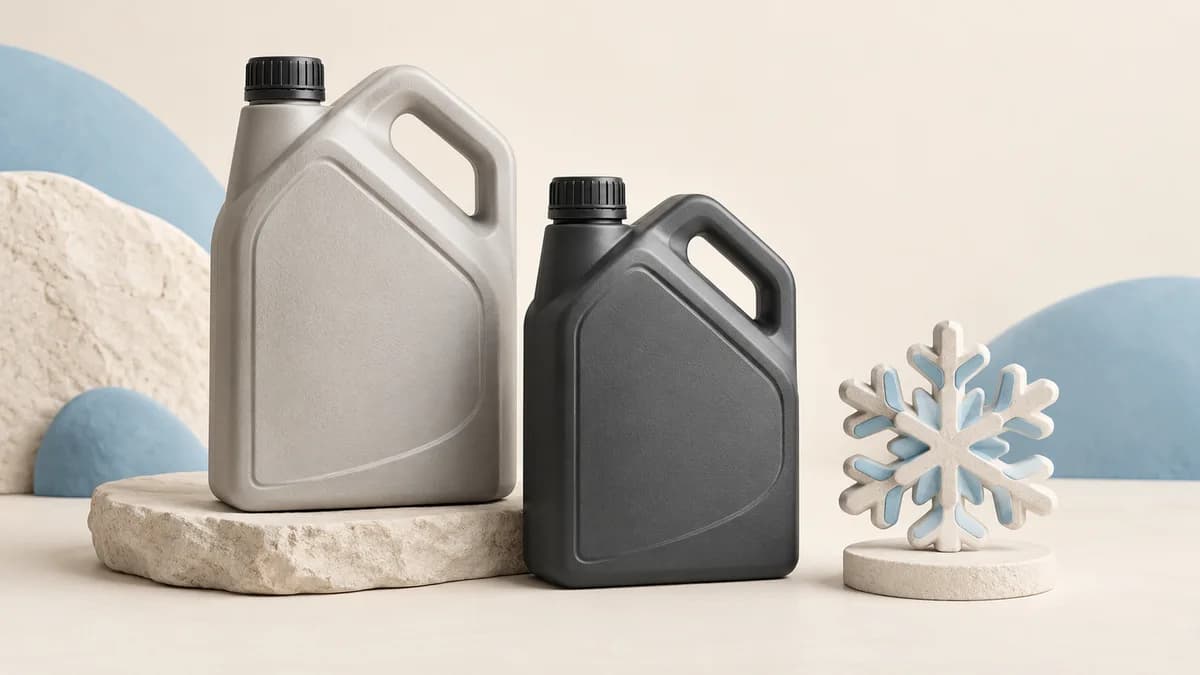 Two plain motor-oil jugs beside a snowflake-shaped ornament.