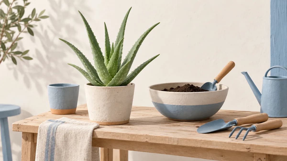 Illustration: An aloe on a wooden potting bench with a bowl of mix, watering can and hand tools.