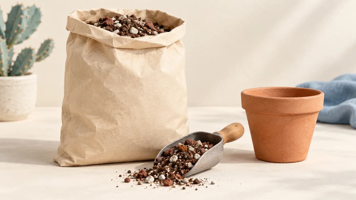 Illustration: A plain paper bag of potting mix beside a scoop and empty terracotta pot.