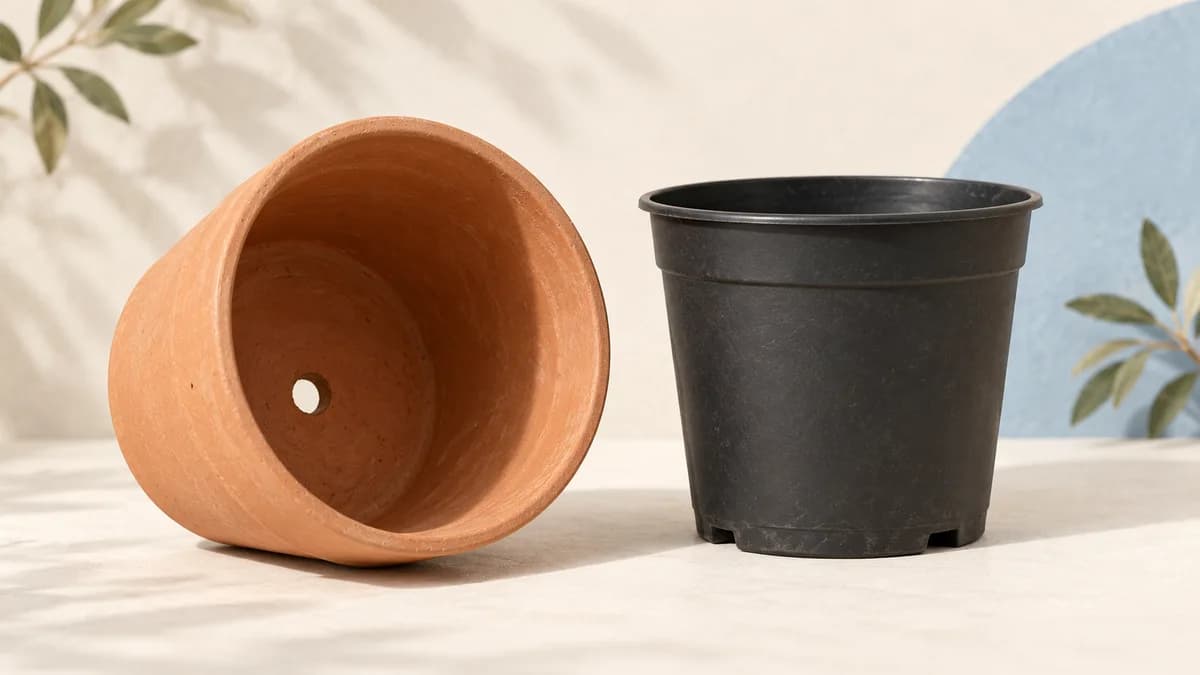 Illustration: A tilted terracotta pot showing its drainage hole beside a black nursery pot.