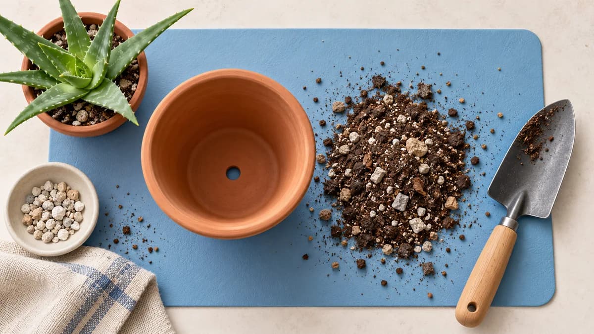 Illustration: An empty terracotta pot, gritty potting mix, small aloe and scoop on a blue work mat.