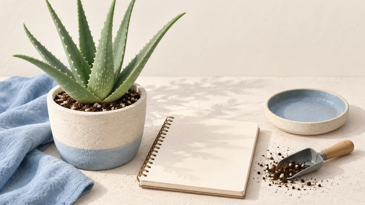Illustration: A potted aloe beside a blank notebook, empty saucer and scoop of potting mix.
