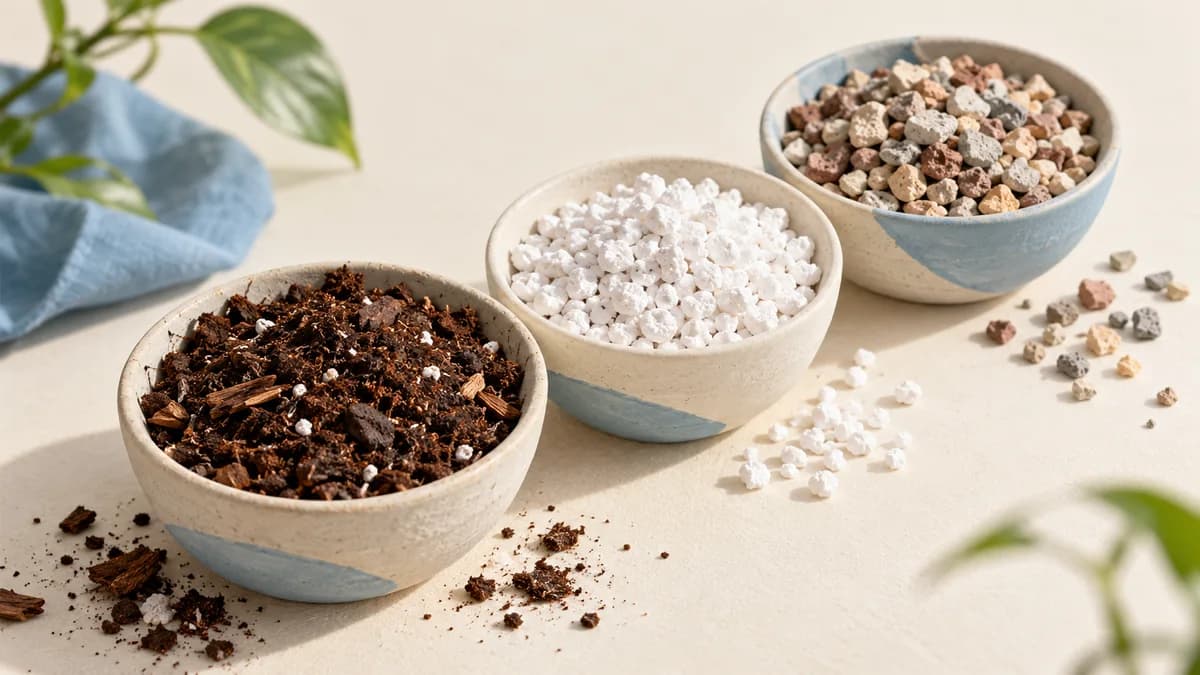 Illustration: Separate bowls containing potting mix, white perlite and horticultural grit.