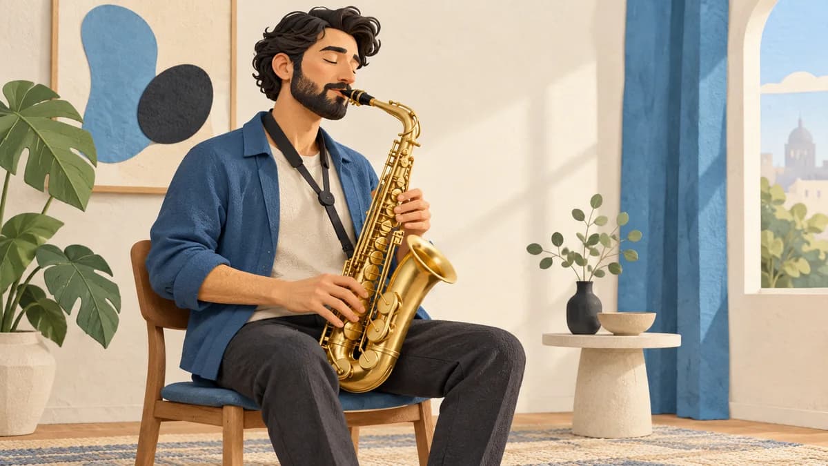Illustration: A seated player holding a saxophone