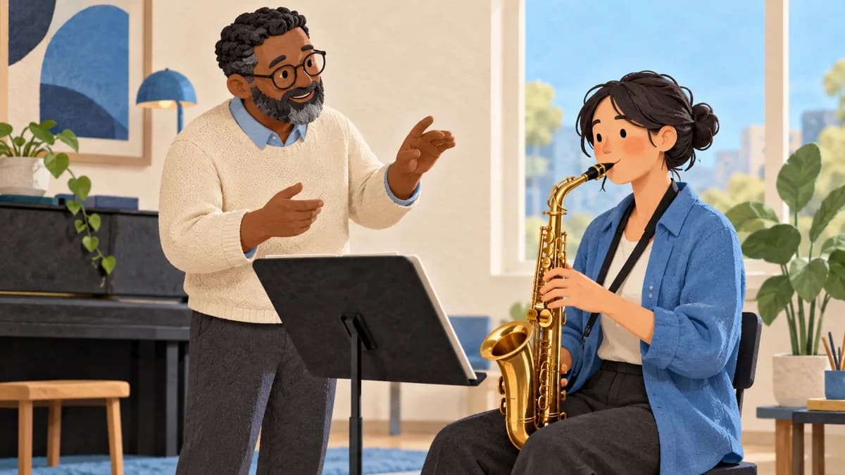Illustration: A teacher discussing a saxophone with a student