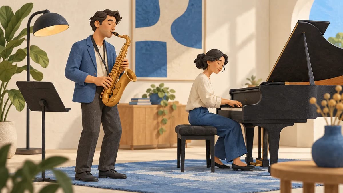 Illustration: Saxophone player performing beside a pianist