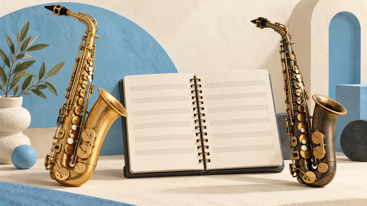 Illustration: Two saxophones beside an open blank music book