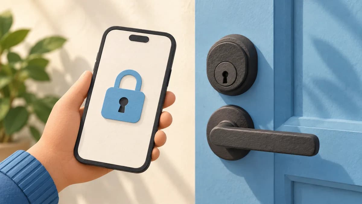 Illustration: Phone with a lock symbol beside a door lock