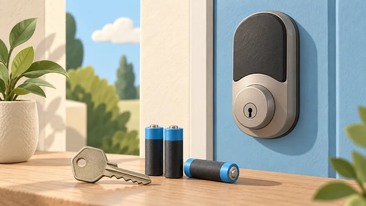 Illustration: Physical key and batteries beside a door lock