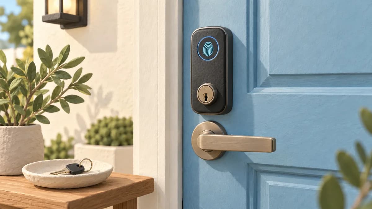 Illustration: Fingerprint lock installed on a front door