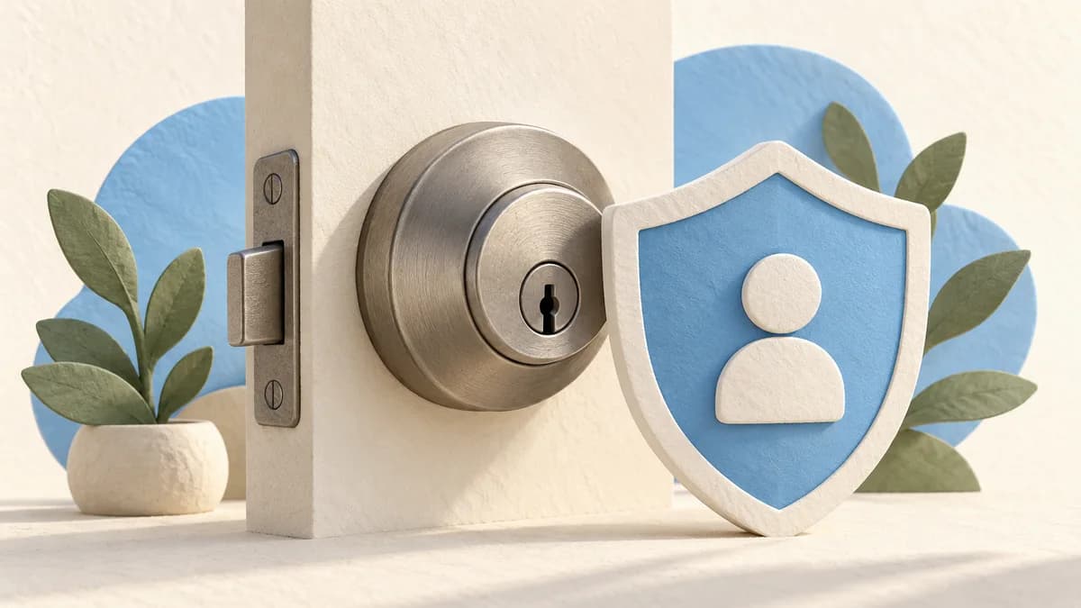 Illustration: Door lock beside an abstract security shield