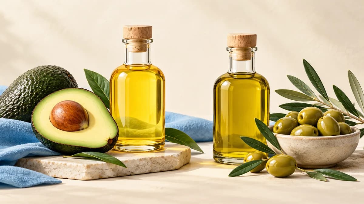 Illustration of oil bottles beside an avocado and olives