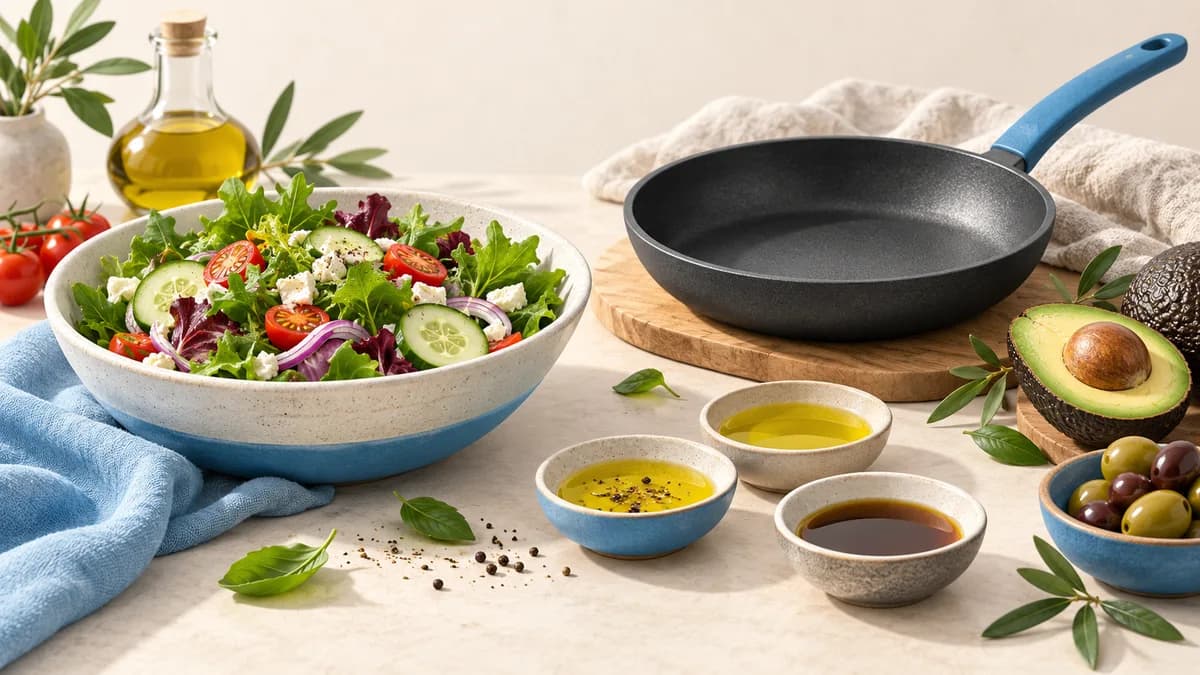 Illustration of salad, pan and small oil tasting dishes