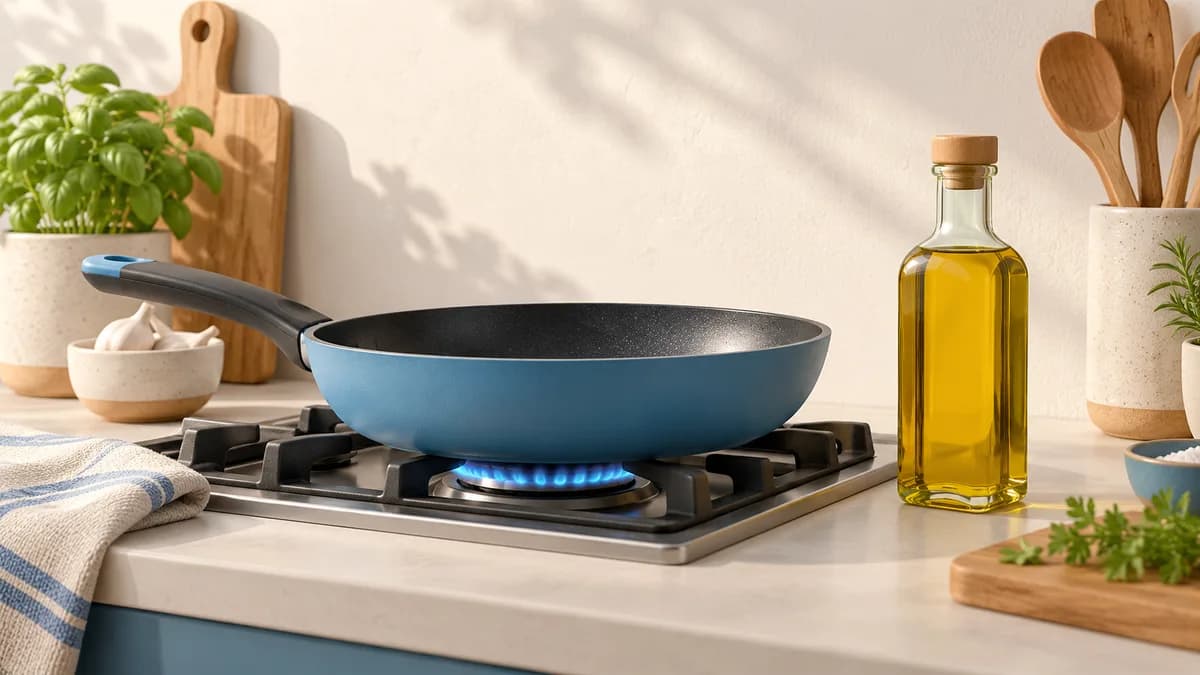 Illustration of cooking pan on a stove beside an oil bottle
