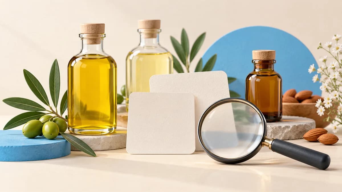 Illustration of oil bottles and blank cards beside a magnifying glass