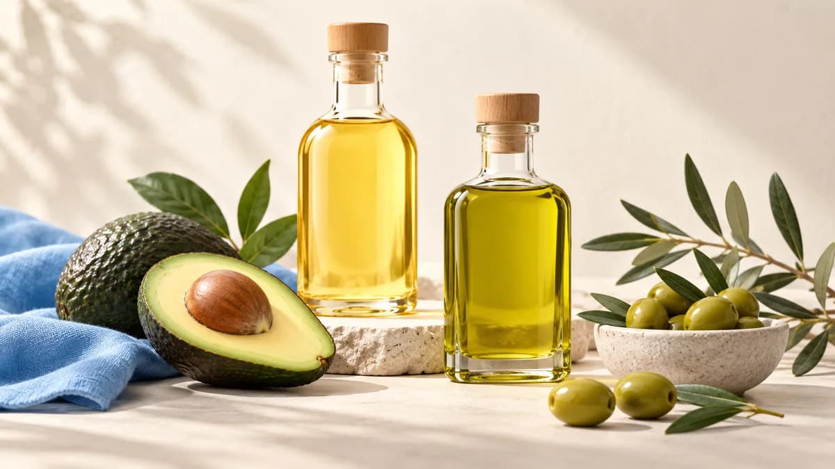 Illustration of pale and green-gold oils beside avocado and olive fruit