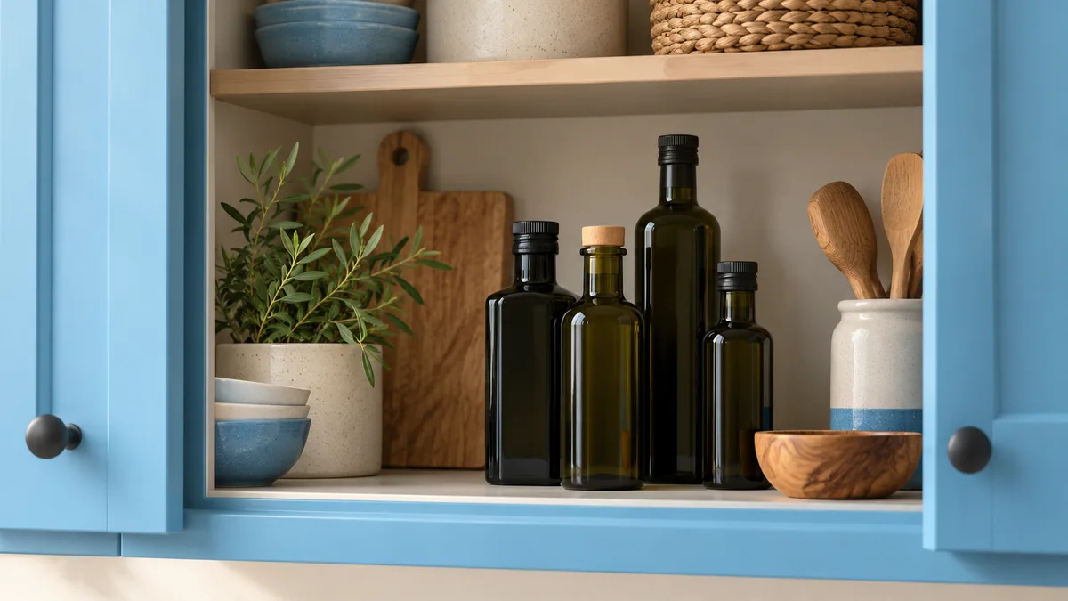 Illustration of closed dark oil bottles inside a kitchen cupboard