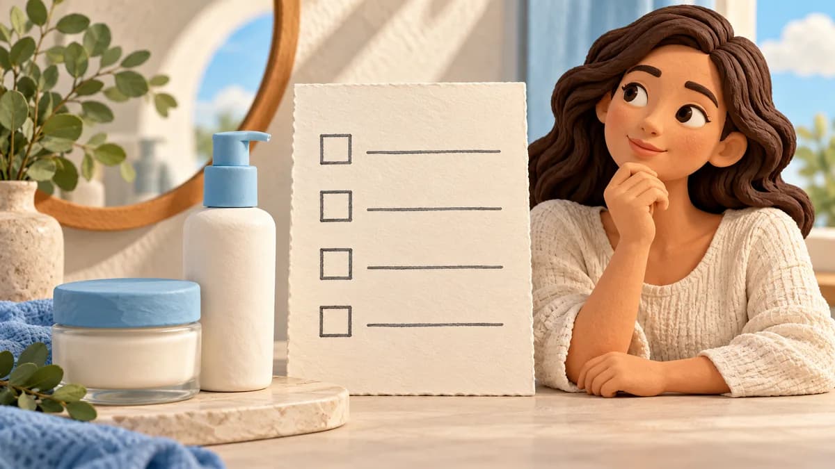 A woman reviews a checklist beside a cream jar and lotion bottle.