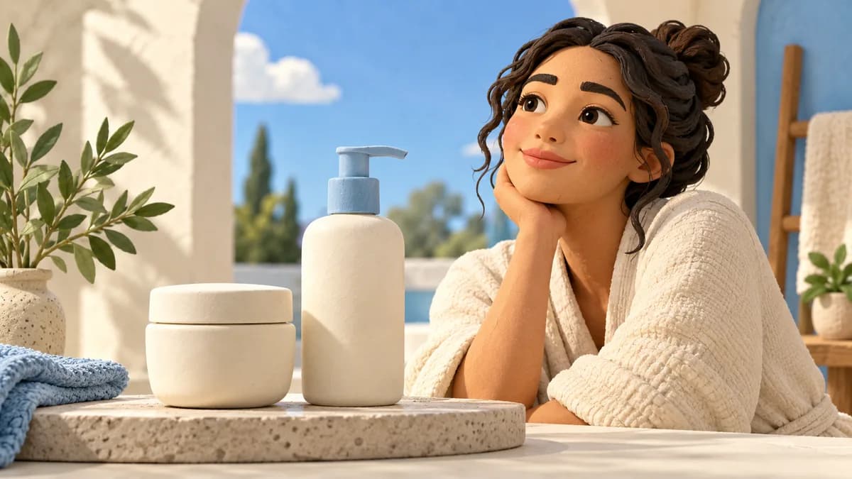 A woman considers a cream jar and lotion pump on a bathroom counter.