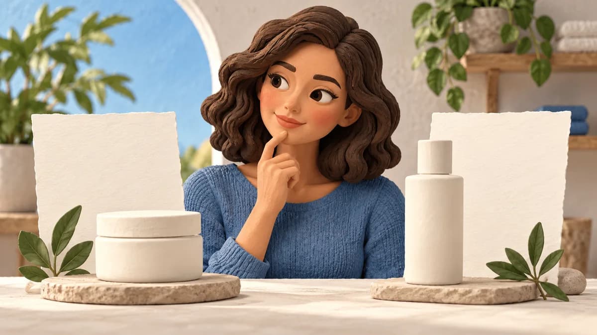 A woman compares plain skincare containers and an ingredient card.