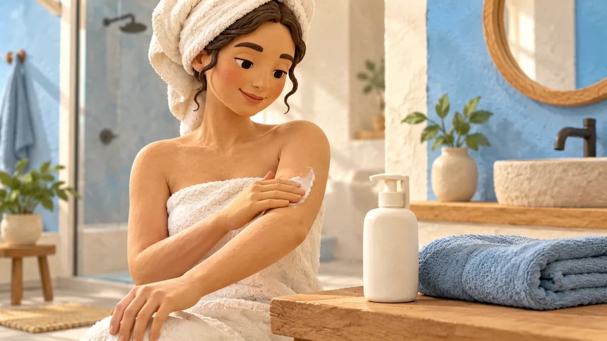A woman applies lotion to her forearm after bathing.