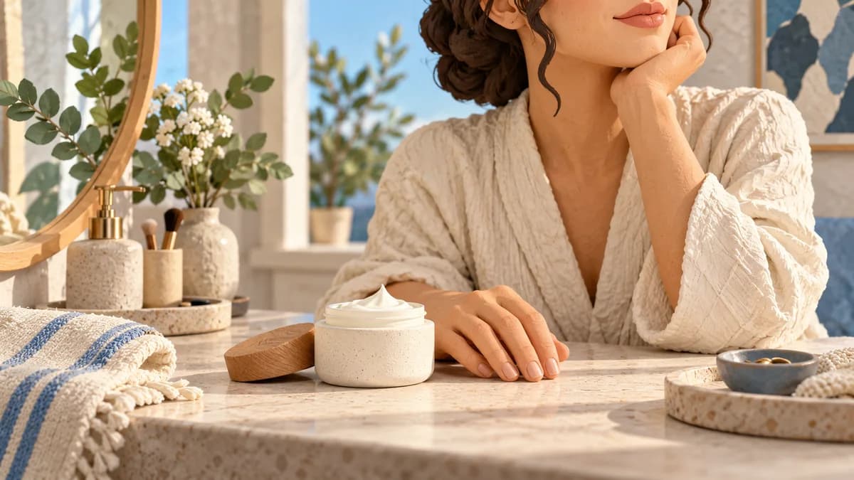 A woman considers a cream jar and lotion bottle beside a towel.