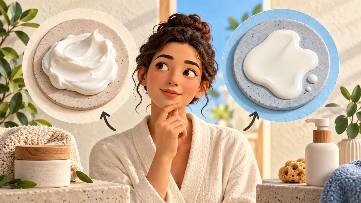 Cream and lotion textures displayed on two dishes beside a woman.