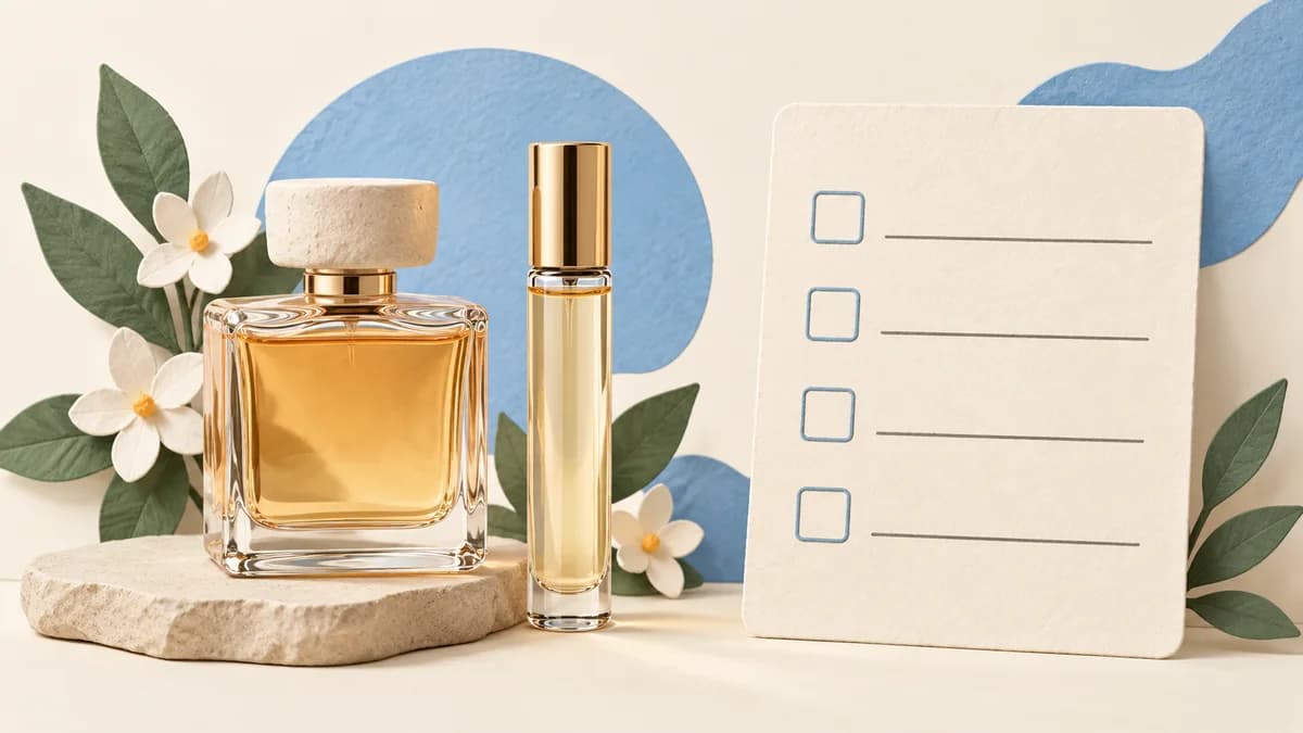 Illustration: Fragrance bottles beside a blank checklist