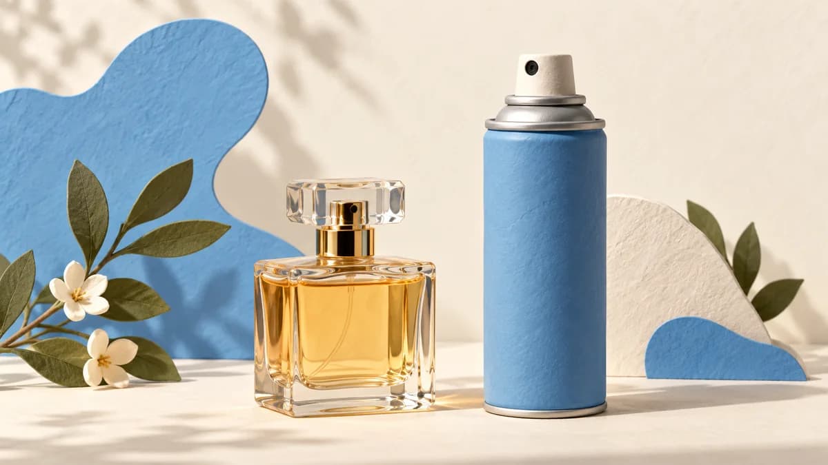 Illustration: A fragrance bottle beside a tall spray can