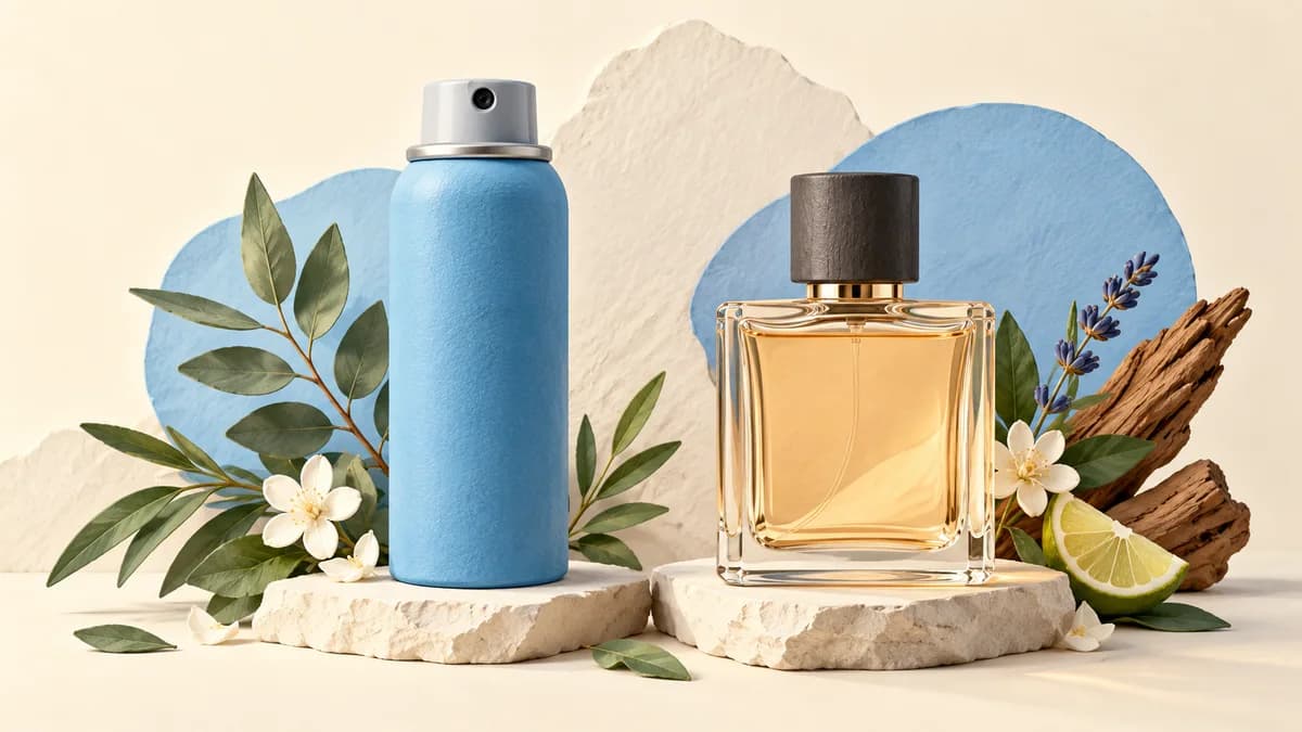 Illustration: Spray can and fragrance bottle with botanical accents