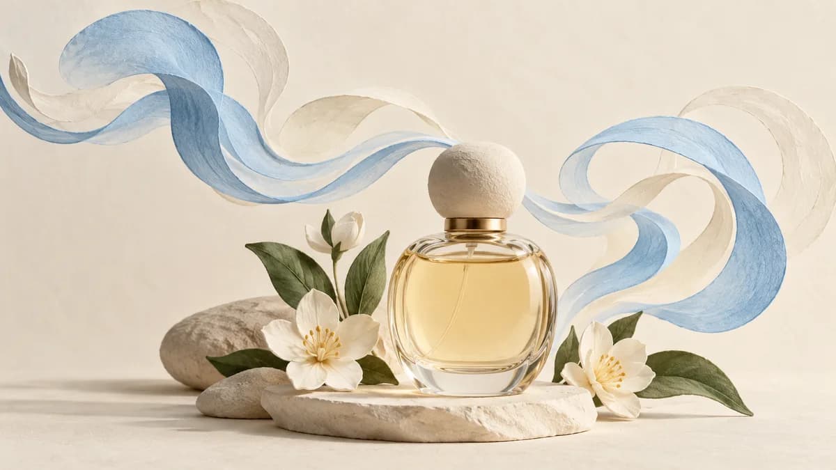 Illustration: Fragrance bottle surrounded by abstract scent ribbons