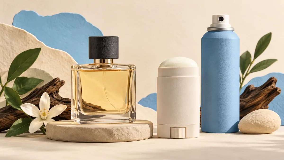 Illustration: Spray can, deodorant stick and fragrance bottle