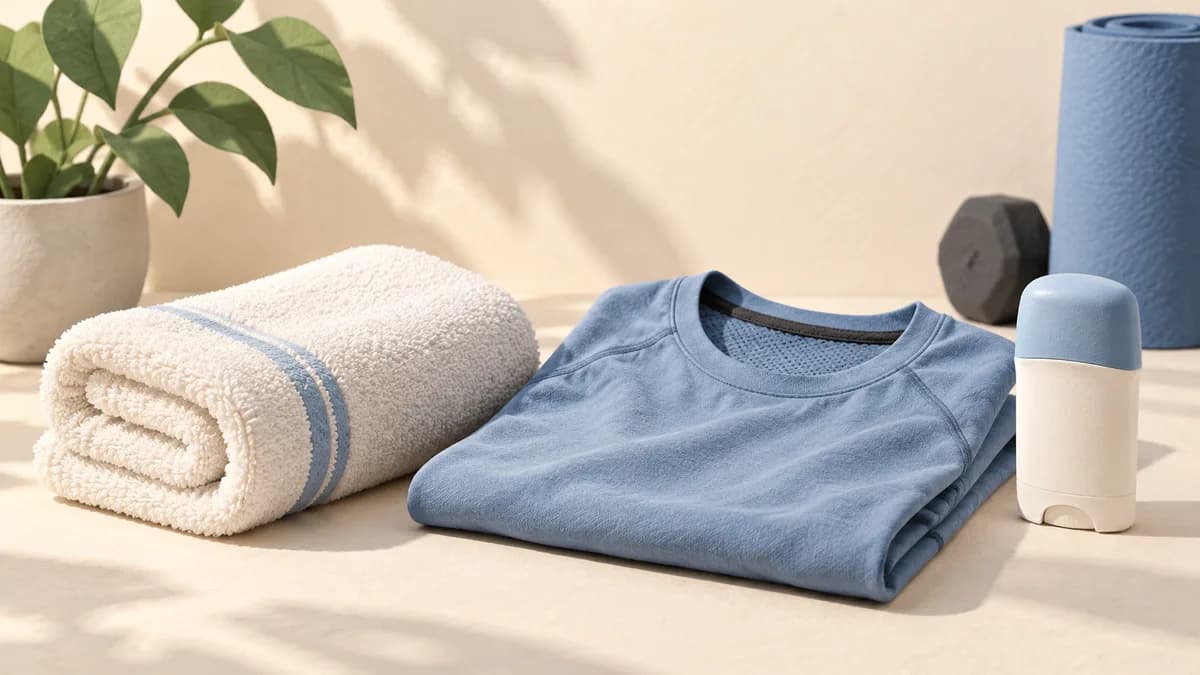 Illustration: Folded shirt and towel beside a deodorant stick