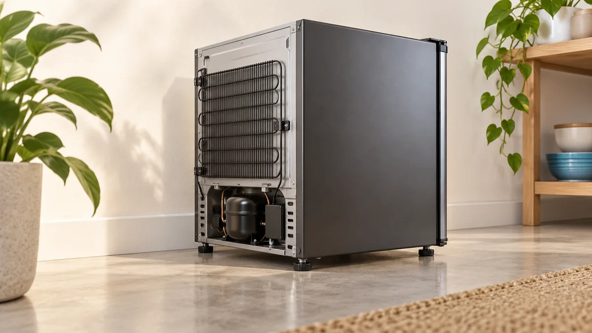 Illustration of rear of a mini fridge with clear space on a hard floor