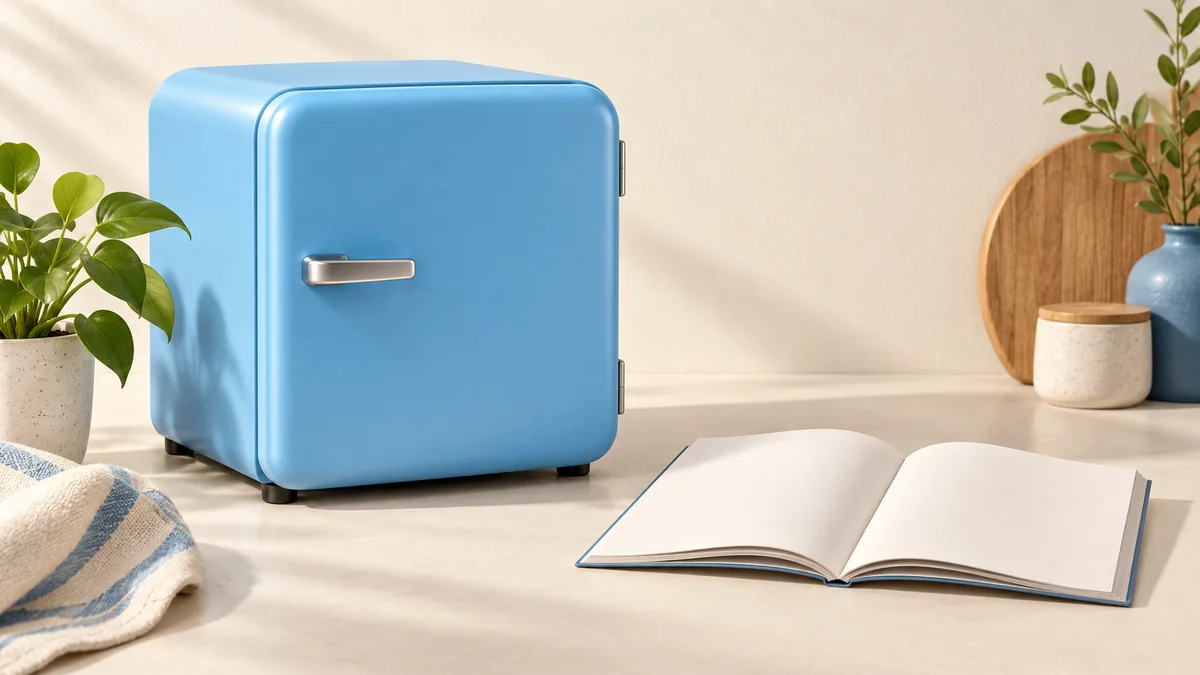 Illustration of mini fridge beside an open instruction booklet