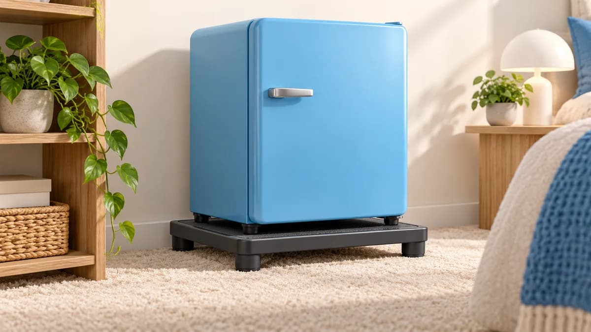 Illustration of mini fridge supported by a rigid platform on carpet