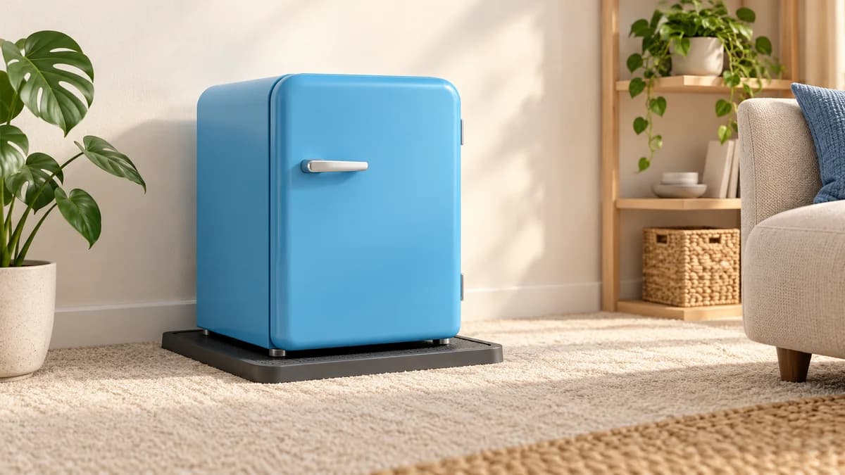 Illustration of mini fridge on a rigid base above carpet