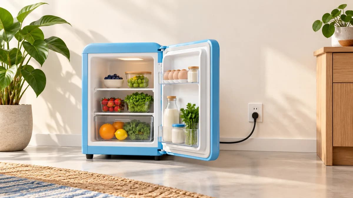Illustration of mini fridge with an unobstructed open door and wall outlet