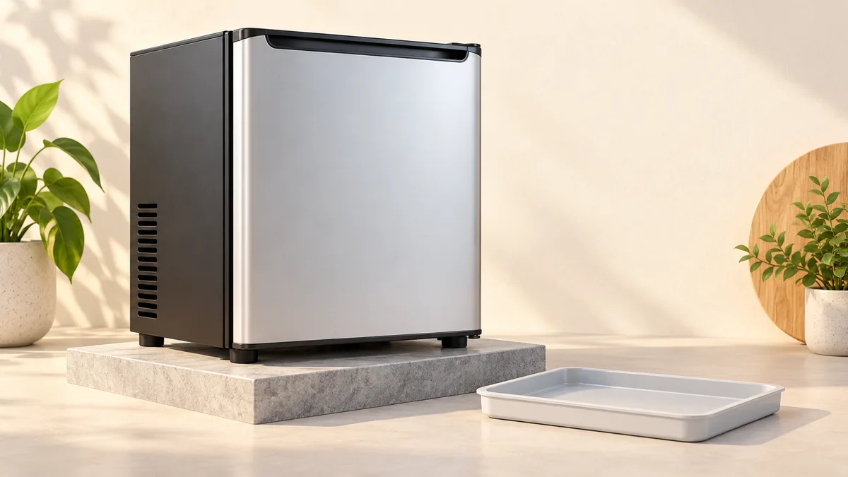 Illustration of mini fridge on a hard base beside a separate shallow tray