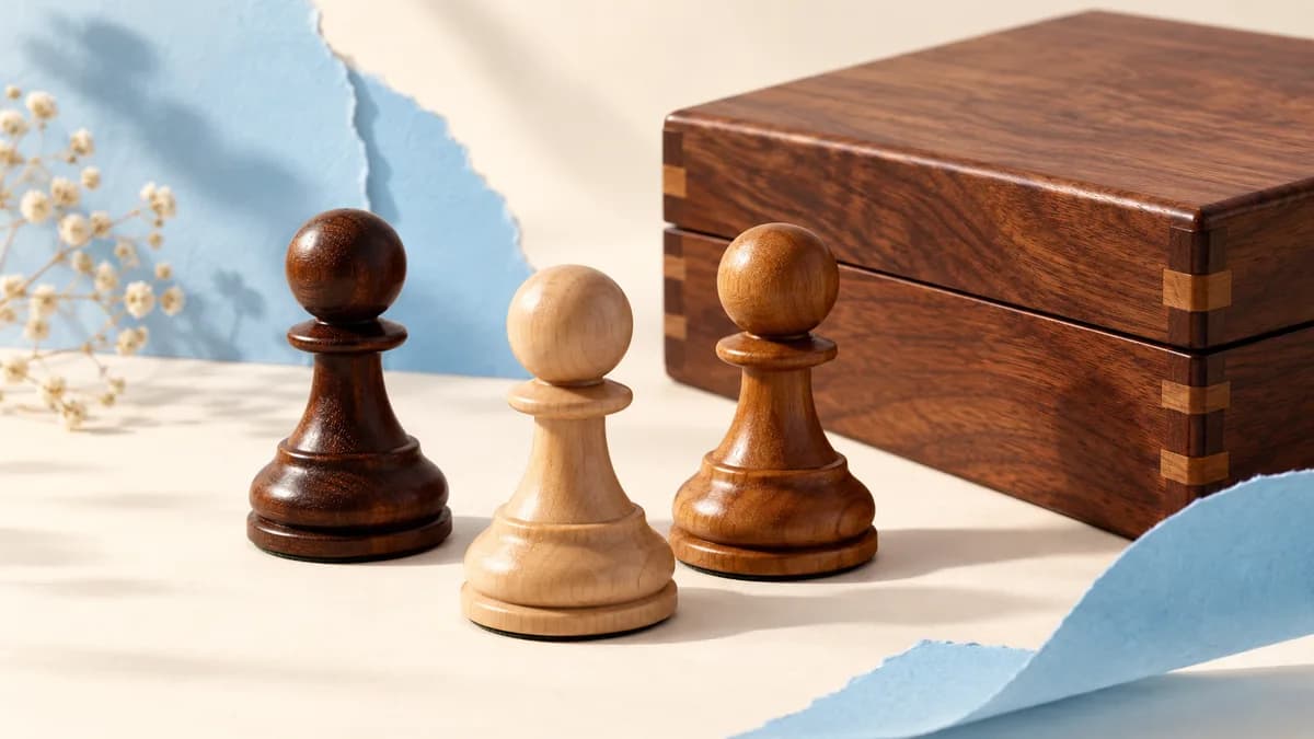 Illustration: Wooden pawns beside their storage box