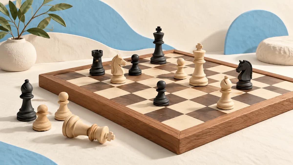 Illustration: Wooden chess pieces on a board beside a storage box
