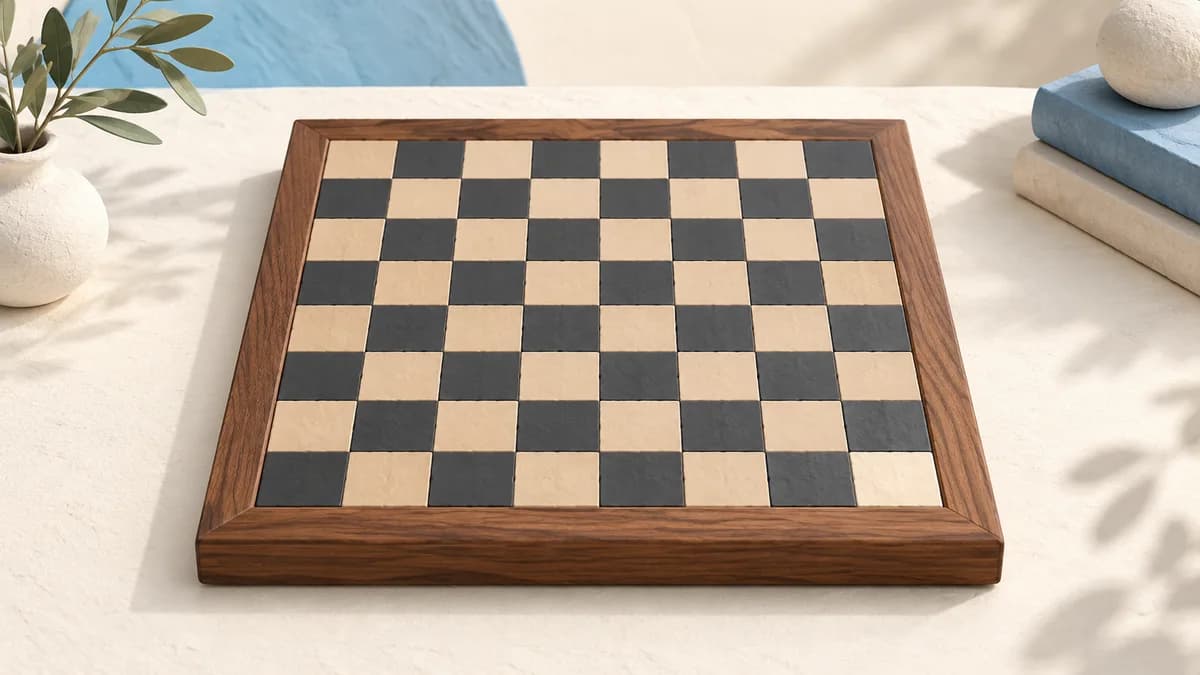 Illustration: Empty wooden chessboard viewed from above