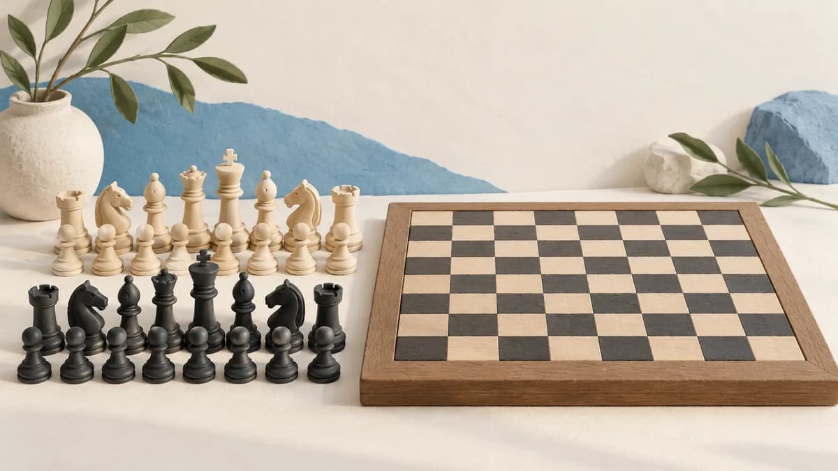 Illustration: White and black pieces grouped beside an empty board