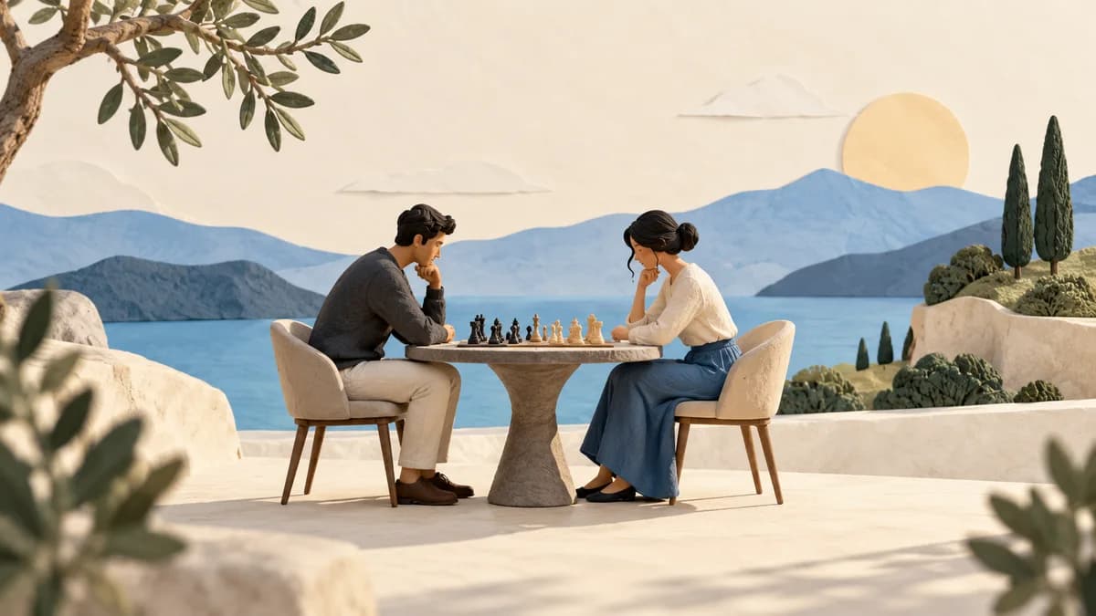 Illustration: Two people playing chess at a small table