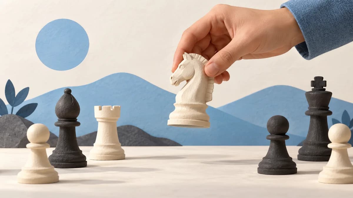 Illustration: A hand lifting a knight between other chess pieces